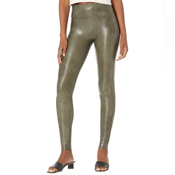 SPANX Pants - SPANX Faux Leather Croc Shine Leggings Small Darkened Olive 20303R NWOT